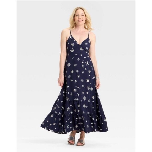 A New Day - Open Back Maxi Dress Medium- Navy Blue Seashell Print Sundress NWT - Picture 2 of 9